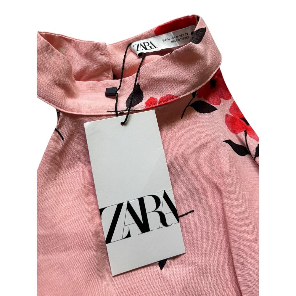 ZARA Pink Halter Crop Top High-Neck Linen-Blend Pink Floral - NWT - Size Med - Picture 3 of 6